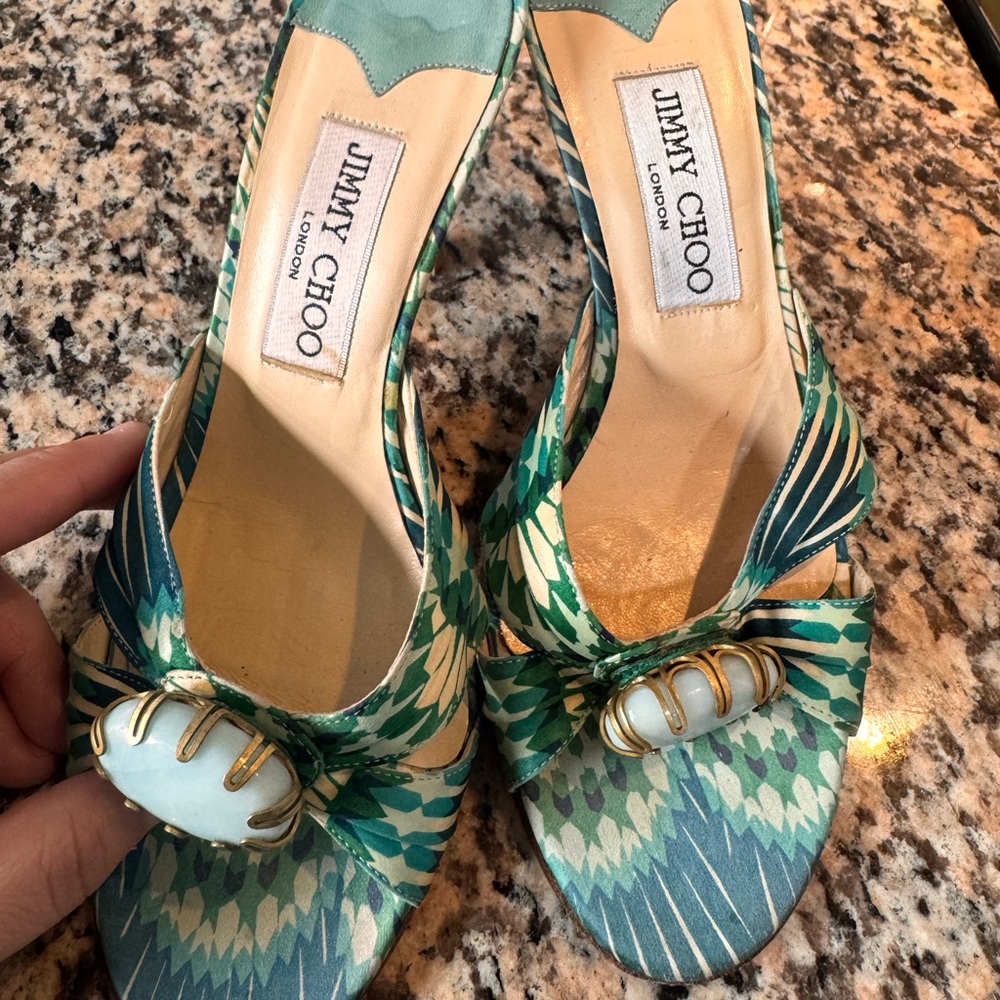 Jimmy Choo Teal and Cream Patterned Sandals